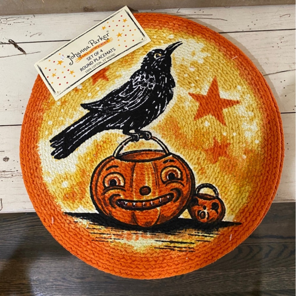 Johanna Parker Retro Halloween Happy Jack-o-lantern Crow 15” Round Placemats NEW